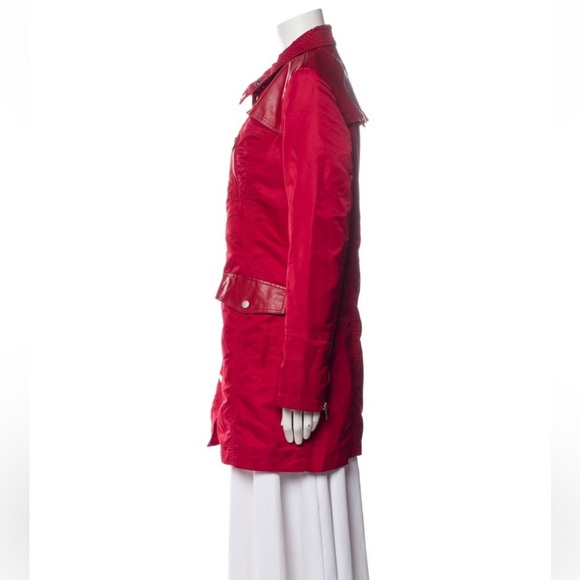 Samantha Sipos Red Leather Trim Coat Small NWT Stand Collar Zip Pockets Luxe - Picture 4 of 7